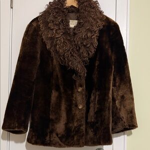 Martin's Brown Fur Vintage Pea Coat Lamb Collar Women Size :L Teddy Jacket
